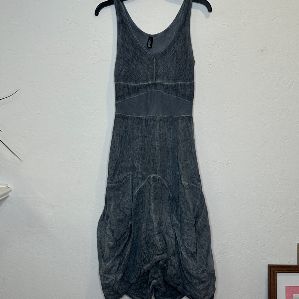 Chic Blue Women's Midi Dress 100% Linen Size Medium
